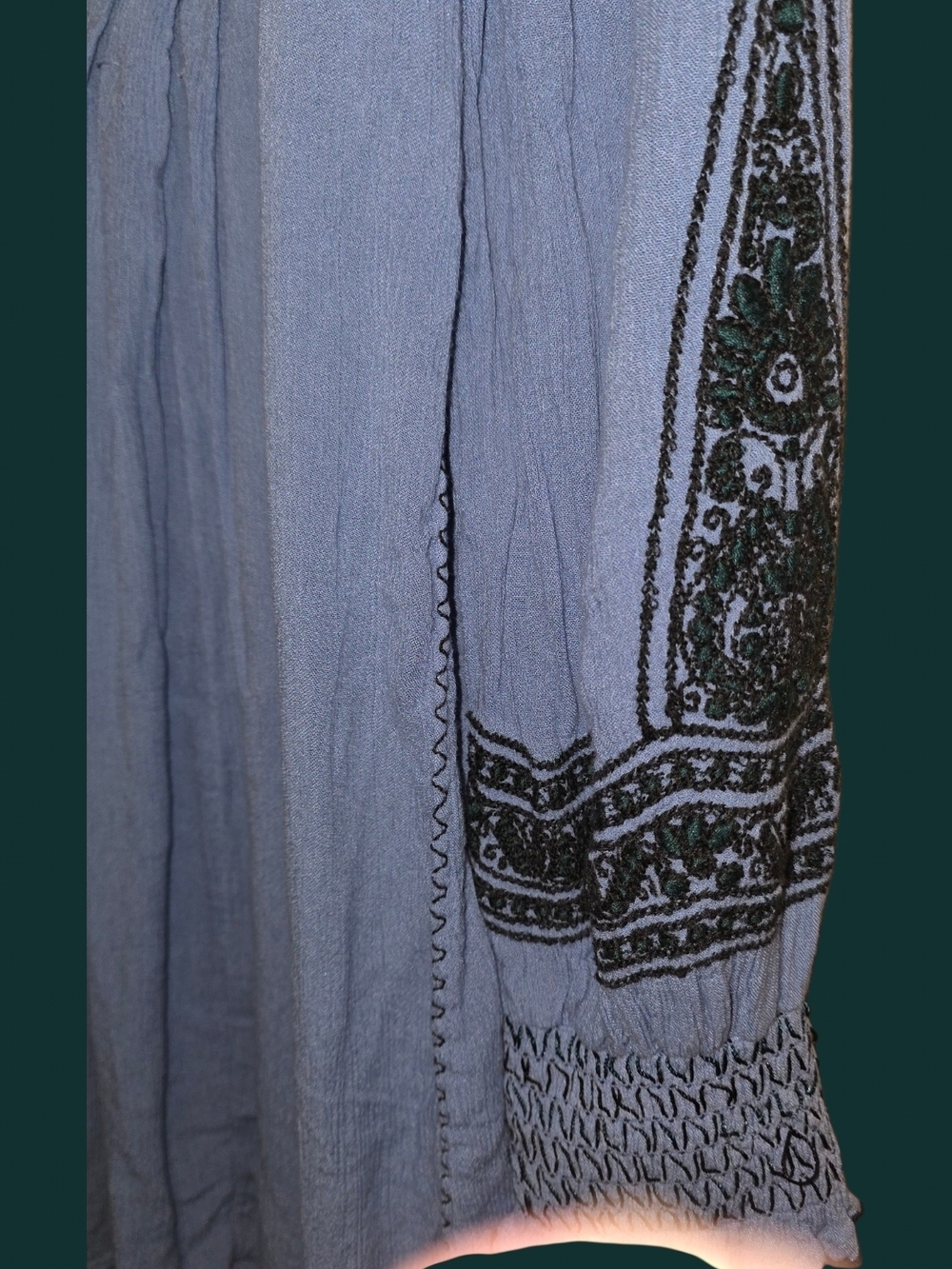 Free People Powder Blue Embroidered Peasant Dress with Green Detailing - Picture 6 of 7